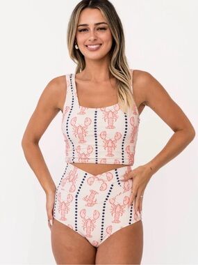 Coral Reef Swim Two-Piece Swimsuit in Blush with Coral Lobster Print Size M